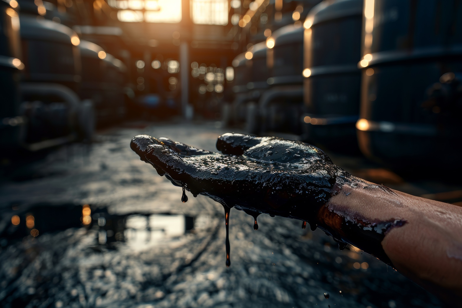 Oil-covered hand in industrial setting The Role of Diluent in Bitumen and Heavy Oil Production