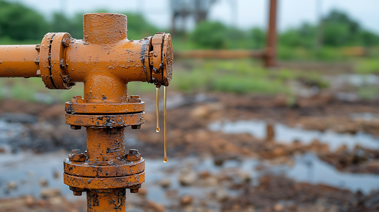 Rusty water pipe dripping oil in industrial setting surrounded by nature's overgrowth and wet soil Understanding Diluent in the Oil and Gas Industry