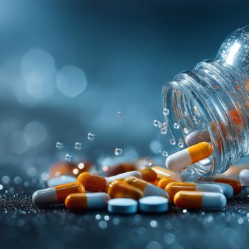 Glass bottle spills orange and white capsules onto reflective surface, creating dynamic and vibrant scene. image captures essence of pharmaceutical innovation and drug development The Pharmaceutical Industry’s Influence on News Media: A Multi-Billion Dollar Conflict of Interest