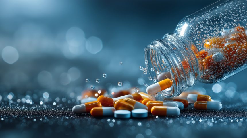 Glass bottle spills orange and white capsules onto reflective surface, creating dynamic and vibrant scene. image captures essence of pharmaceutical innovation and drug development The Pharmaceutical Industry’s Influence on News Media: A Multi-Billion Dollar Conflict of Interest