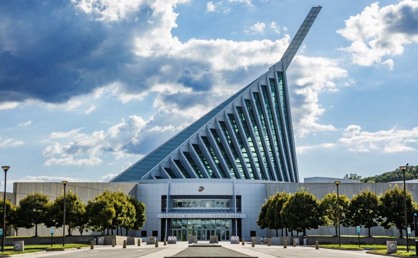 Quantico, VA USA - August 12, 2022: Front entrance to the National Museum of the Marine Corps Day 245: Turk McCleskey & Paul Balassa