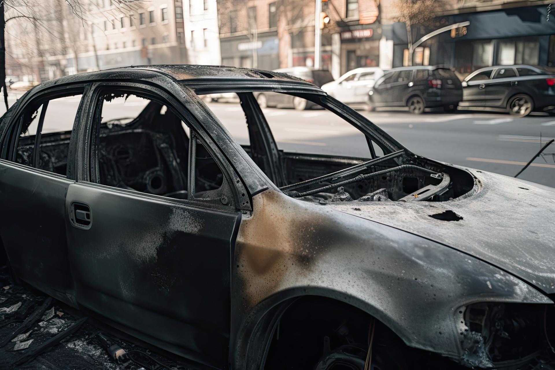 burned-out car on street with broken window glass and scattered debris Is Mexico’s Economy on the Edge? The El Mencho Killing Just Made a Fragile Situation Much Worse