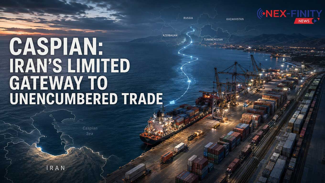 Caspian: Iran's Limited Gateway to Unencumbered Trade Container terminal on Iran's Caspian Sea coast at dusk, with an overlaid map of the trans-Caspian shipping corridor linking Iranian ports to Russia, Kazakhstan, Turkmenistan and Azerbaijan.