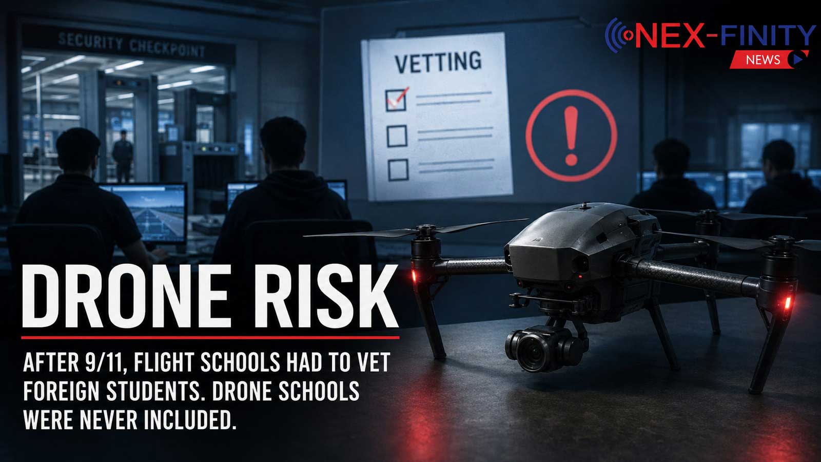 Quadcopter drone in a security operations center with a vetting checklist and alert icon projected on the wall behind