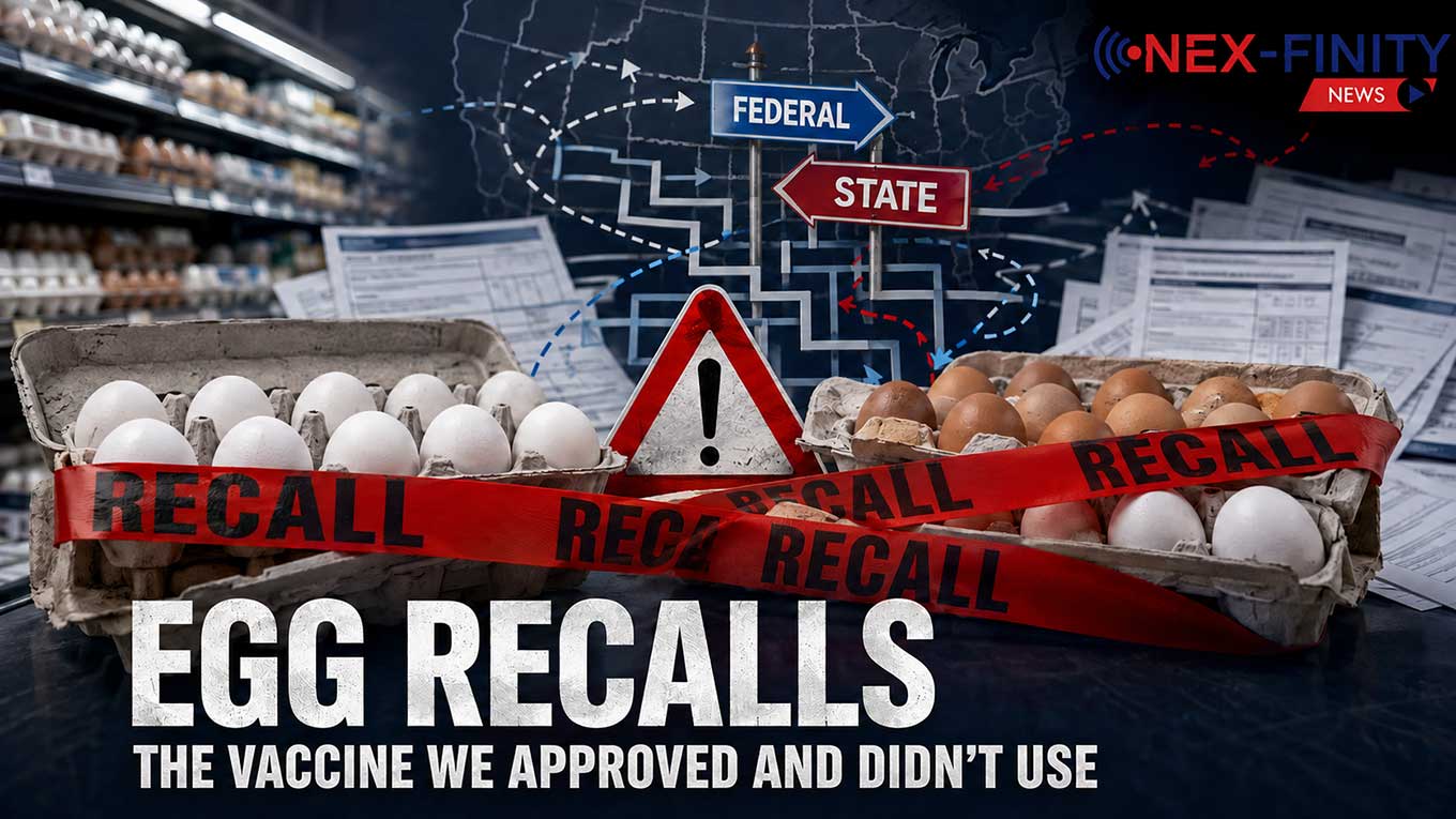Recall tape across cartons of white and brown eggs in a grocery aisle, with federal and state road signs pointing opposite directions over a U.S. map; headline reads Egg Recalls: The Vaccine We Approved and Didn't Use