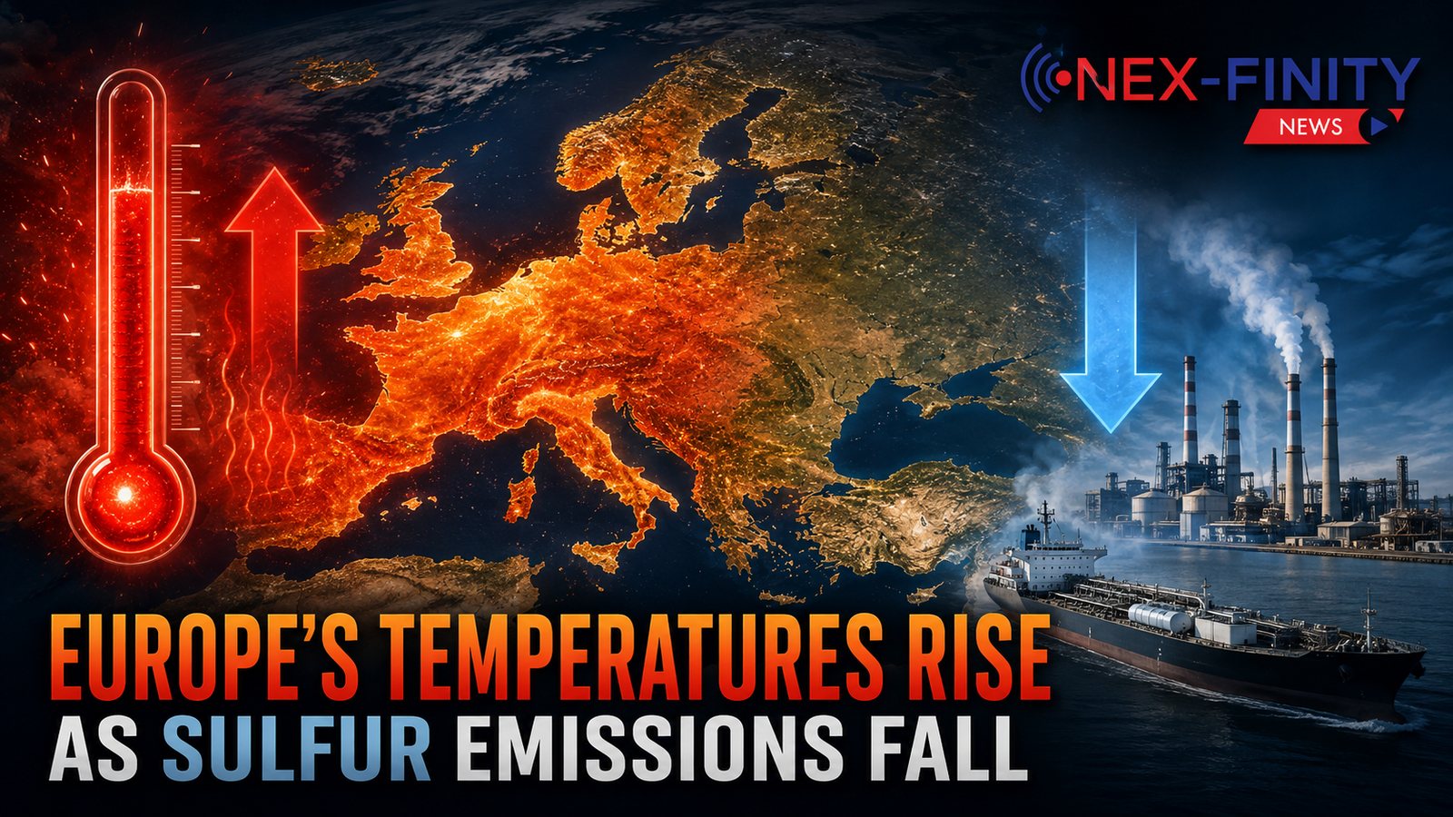 Europe's temperatures rise as sulfur emissions fall Rising thermometer beside a heat-mapped satellite view of Europe, with a falling blue arrow over a refinery and cargo ship, illustrating warming as sulfur emissions decline