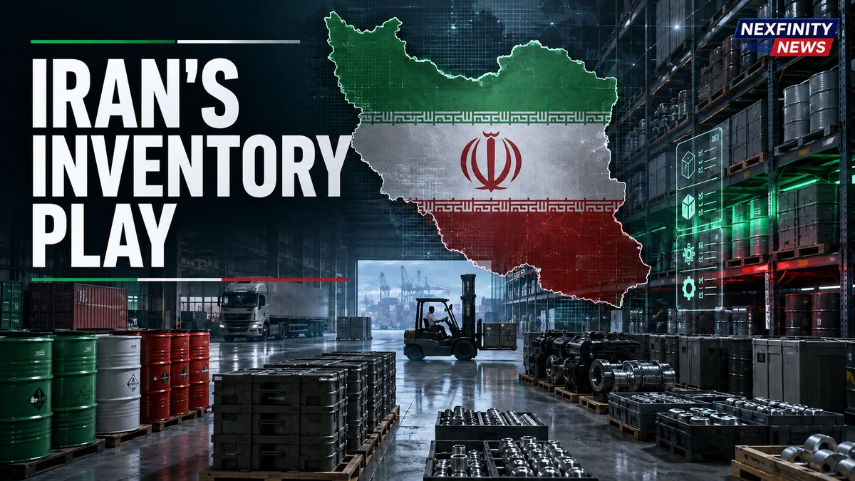 Iran crude oil storage and export logistics under blockade Map of Iran in national flag colors superimposed on a logistics warehouse of stacked oil drums, freight pallets and a forklift