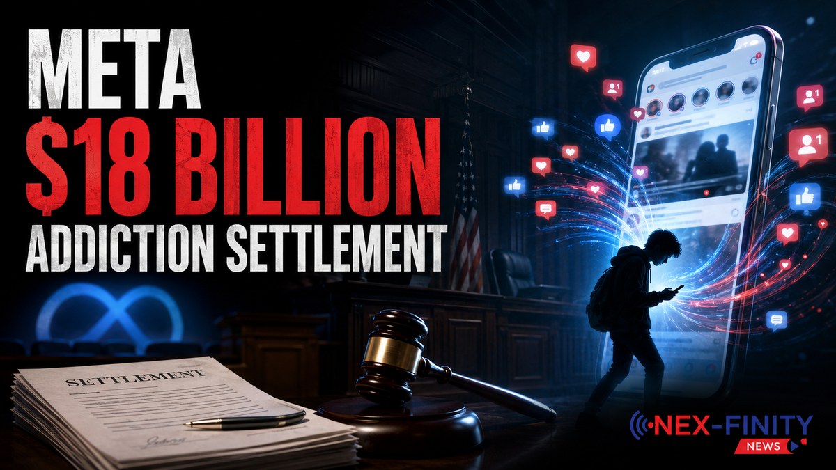 Courtroom gavel and settlement documents alongside a teenager absorbed in a smartphone surrounded by social media notification icons