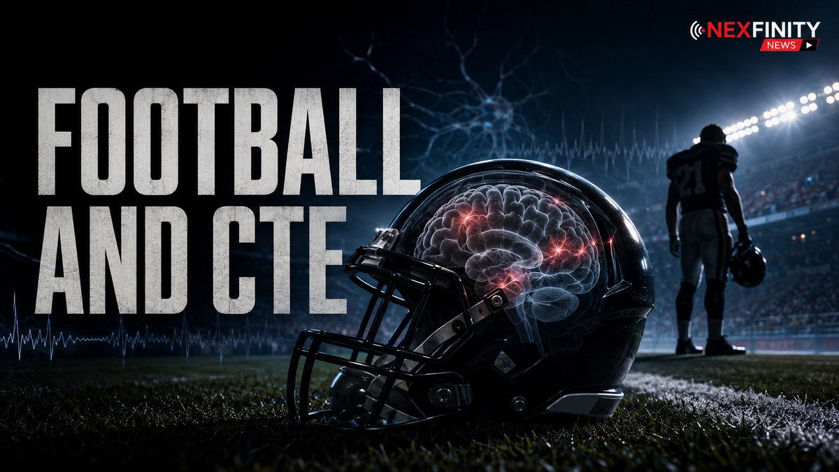 Football and CTE Illustration: a football helmet on a stadium field with a glowing brain visualized inside it, beside a player seen from behind holding his helmet.