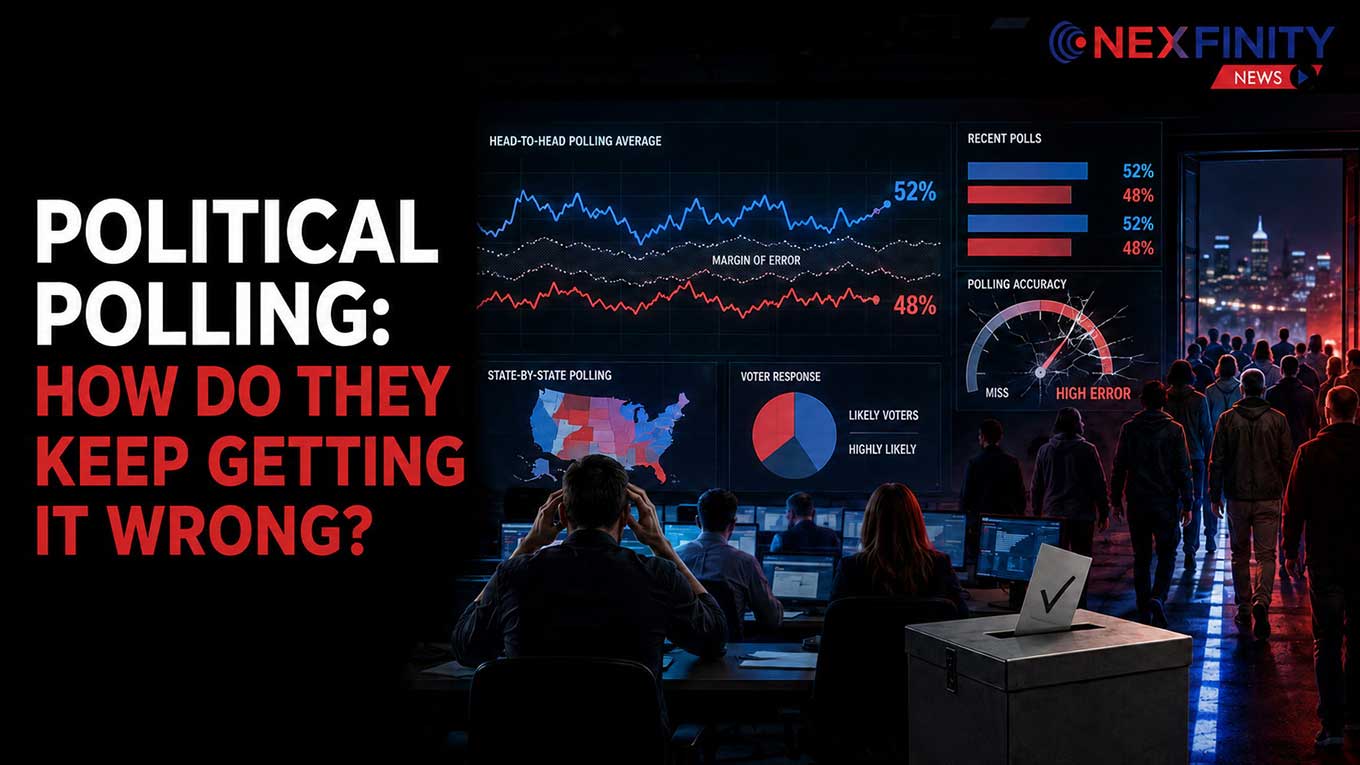 political-polling-2026-midterms-forecasting-errors ewsroom polling dashboard showing a head-to-head polling average at 52 to 48 percent, a state-by-state election map, and a cracked polling-accuracy gauge pointing to high error, as voters walk toward a ballot box.