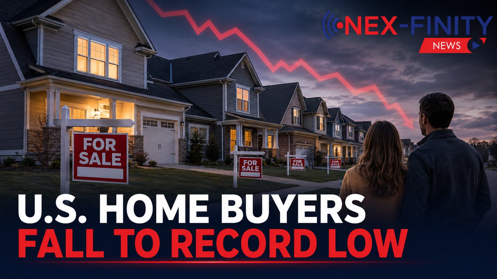 U.S. homebuyers fall to record low — July 2026 Row of suburban homes with For Sale signs at dusk beneath a falling red trend line, as U.S. homebuyers drop to a record low