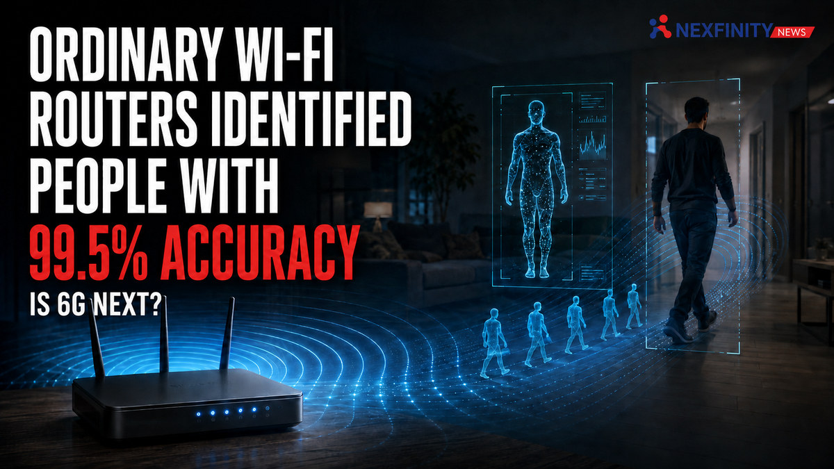 Ordinary Wi-Fi Routers Identified People With 99.5% Accuracy. Is 6G Next? Wi-Fi router emitting radio waves toward a walking man, with a blue wireframe body scan and gait analysis overlay