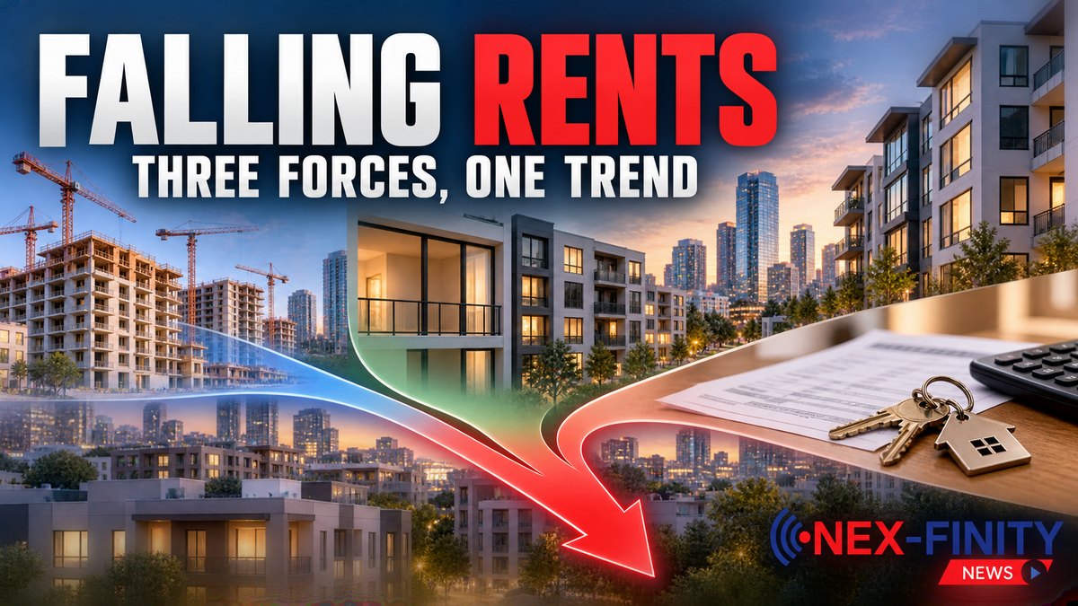 Falling Rents: Three Forces, One Trend Apartment buildings under construction beside new rental buildings and a lease with keys, with three arrows converging on a downward red arrow, under the headline Falling Rents: Three Forces, One Trend.