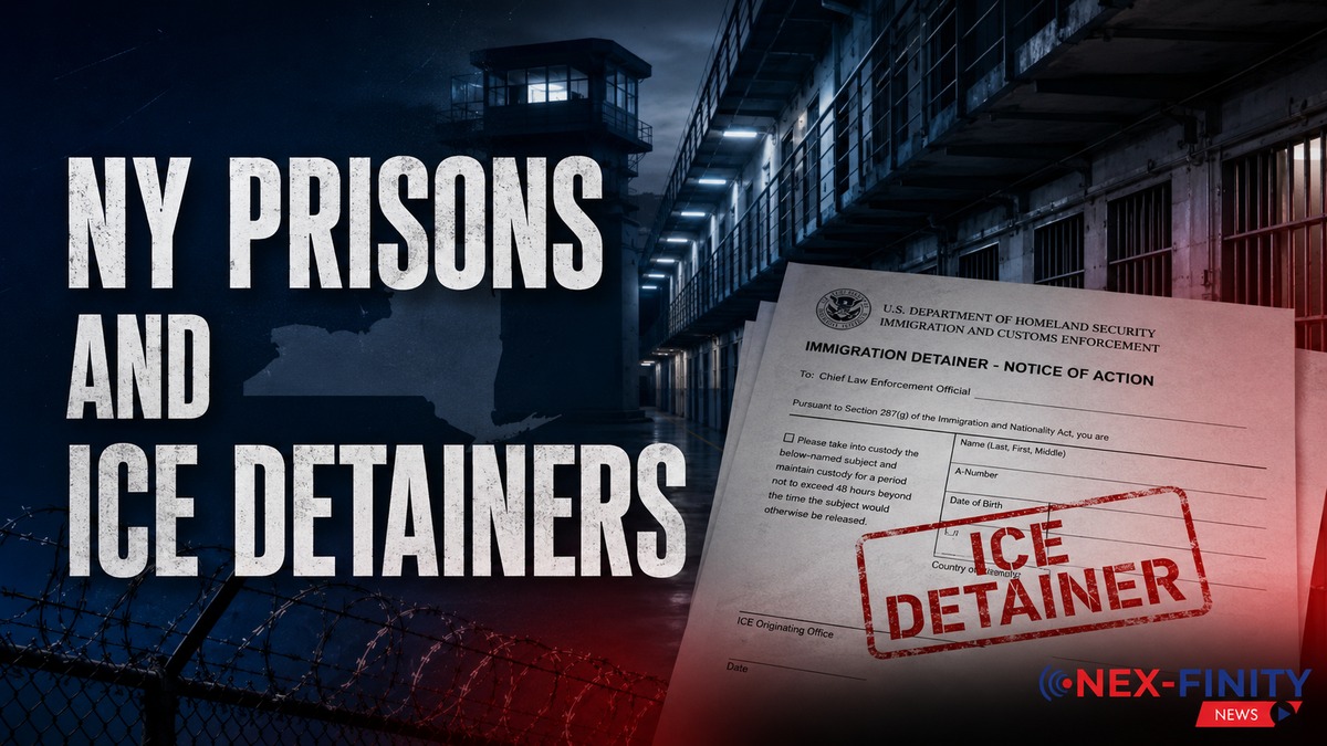 NY Prisons and ICE Detainers Illustration of a New York prison cellblock and guard tower behind an ICE Immigration Detainer Notice of Action form stamped ICE DETAINER, with the outline of New York State in the background.