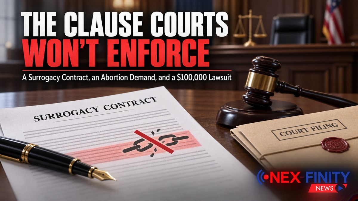 THE CLAUSE COURTS WON'T ENFORCE Illustration of a surrogacy contract with a termination clause struck through beside a judge's gavel, representing a lawsuit against a surrogate who declined to end a pregnancy.