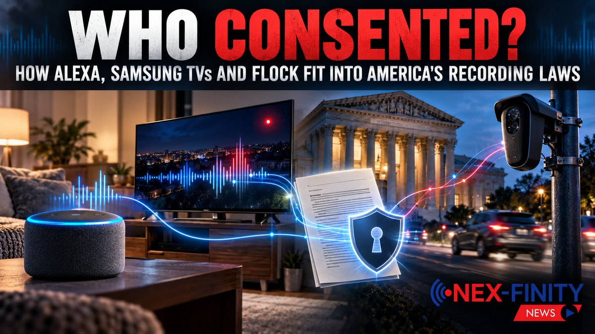 Who Consented? Amazon Echo, smart TV and street camera linked by sound waves to a consent document, U.S. Supreme Court behind