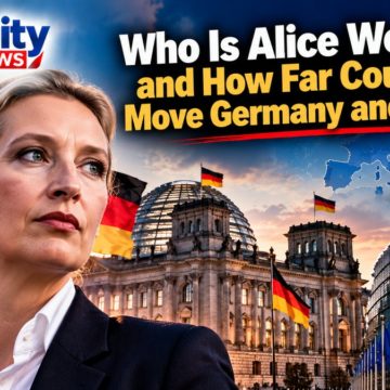 Illustrated composite of Alice Weidel in front of German flags, the Reichstag building and EU flags, with the headline Who Is Alice Weidel and How Far Could She Move Germany and the EU.