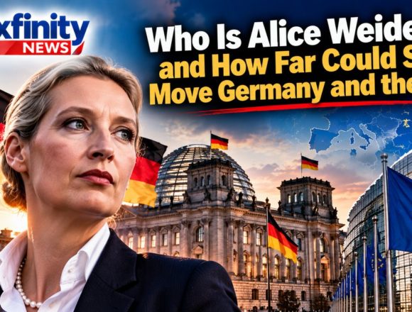 Illustrated composite of Alice Weidel in front of German flags, the Reichstag building and EU flags, with the headline Who Is Alice Weidel and How Far Could She Move Germany and the EU.