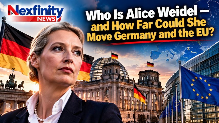 Illustrated composite of Alice Weidel in front of German flags, the Reichstag building and EU flags, with the headline Who Is Alice Weidel and How Far Could She Move Germany and the EU.