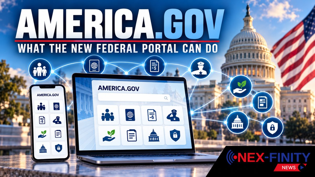 America.gov: What the New Federal Portal Can Do Illustration of the America.gov federal services portal on a laptop and phone, with service icons for passports, benefits, veterans and Medicare. AI-generated illustration.