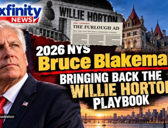 AI-generated NexfinityNews graphic: Bruce Blakeman portrait at left, a 1988 newspaper clipping headlined The Furlough Ad under a Willie Horton headline, the New York State Capitol and flag at right, and the headline 2026 NYS Bruce Blakeman Bringing Back the Willie Horton Playbook. Labeled AI-generated illustration.