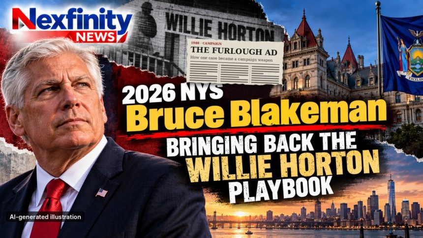 AI-generated NexfinityNews graphic: Bruce Blakeman portrait at left, a 1988 newspaper clipping headlined The Furlough Ad under a Willie Horton headline, the New York State Capitol and flag at right, and the headline 2026 NYS Bruce Blakeman Bringing Back the Willie Horton Playbook. Labeled AI-generated illustration.