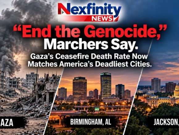 End the Genocide Gaza ceasefire death rate "End the Genocide," Marchers Say. Gaza's Ceasefire Death Rate Now Matches America's Deadliest Cities.