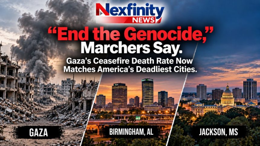 End the Genocide Gaza ceasefire death rate "End the Genocide," Marchers Say. Gaza's Ceasefire Death Rate Now Matches America's Deadliest Cities.