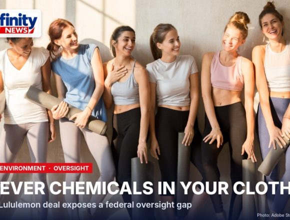Forever Chemicals in Your Clothes Six smiling women in leggings and athletic tops lean against a sunlit wall holding rolled yoga mats; headline text reads Forever Chemicals in Your Clothes.