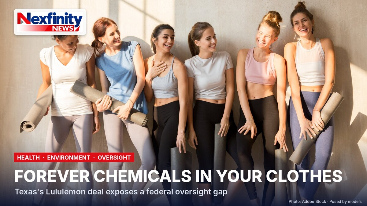 Forever Chemicals in Your Clothes Six smiling women in leggings and athletic tops lean against a sunlit wall holding rolled yoga mats; headline text reads Forever Chemicals in Your Clothes.