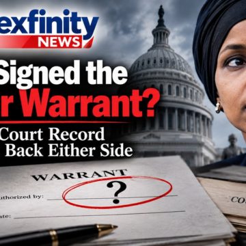 Illustration of a search warrant with the 'Authorized by' line circled and a question mark, beside the U.S. Capitol and Rep. Ilhan Omar, under the headline Who Signed the Omar Warrant?