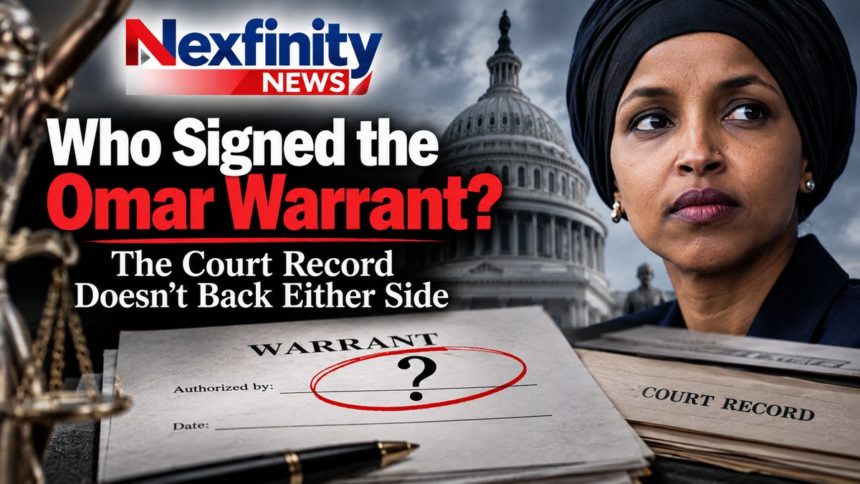 Illustration of a search warrant with the 'Authorized by' line circled and a question mark, beside the U.S. Capitol and Rep. Ilhan Omar, under the headline Who Signed the Omar Warrant?