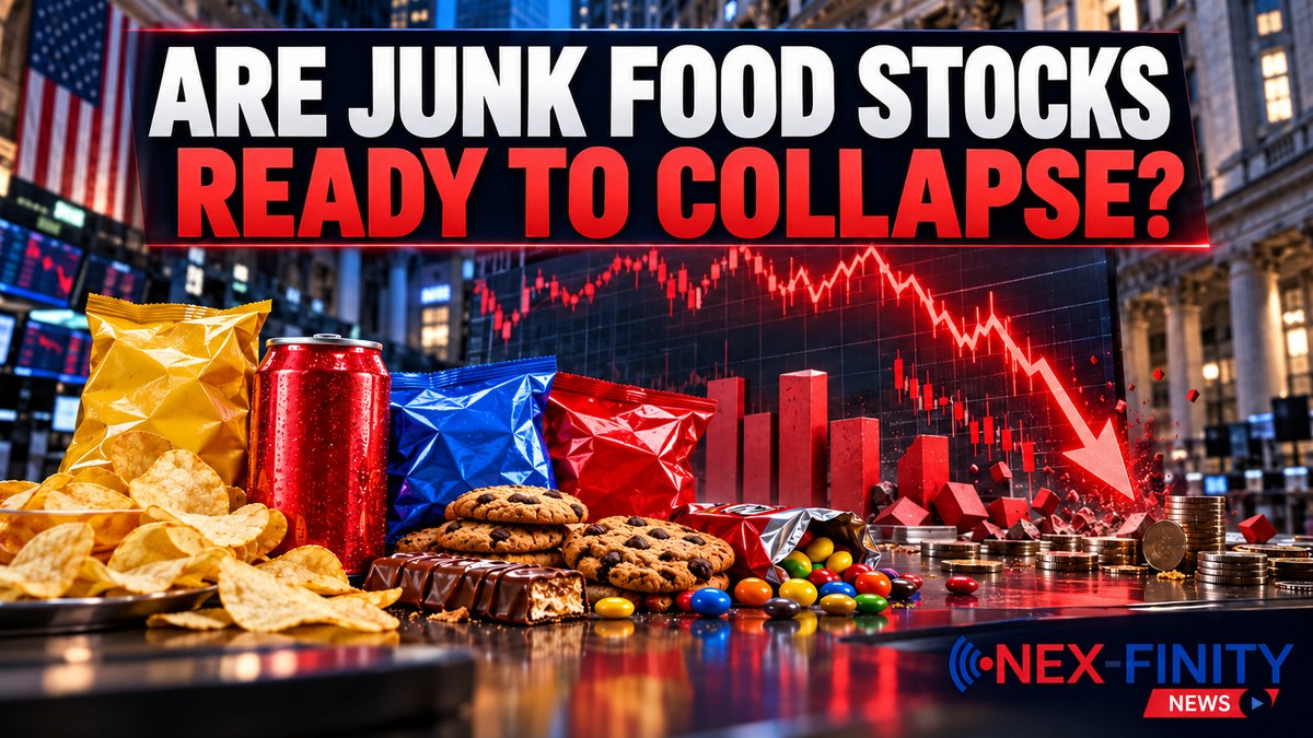 Are Junk Food Stocks Ready to Collapse? Illustration: chips, soda, cookies and candy in front of a falling red stock chart on a trading floor, with the headline Are Junk Food Stocks Ready to Collapse? and the NexfinityNews logo.