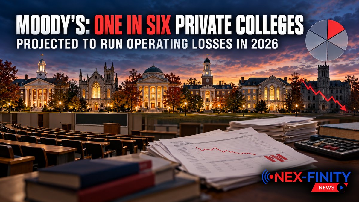 Moody's Predicted 2026 Would Break More Private Colleges. Nine Months In, Here's the Scorecard Illustration of private college campuses at dusk with a declining red chart line, a one-in-six pie chart, and financial reports on a desk, with the headline Moody's: one in six private colleges projected to run operating losses in 2026