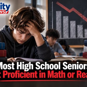 A high school student rests his head in his hand over an open book beside textbooks labeled Math, Reading, College and Future, with a chalkboard chart showing math and reading proficiency declining.