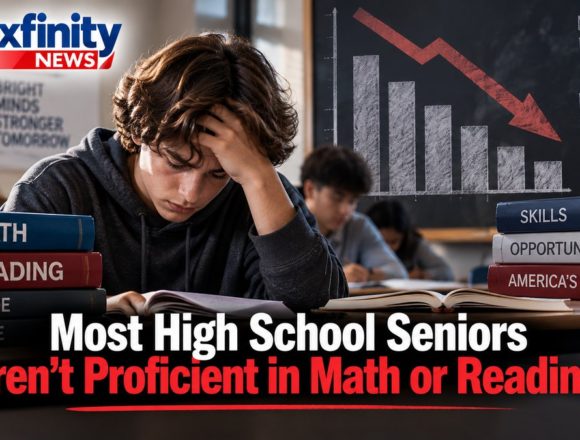 A high school student rests his head in his hand over an open book beside textbooks labeled Math, Reading, College and Future, with a chalkboard chart showing math and reading proficiency declining.