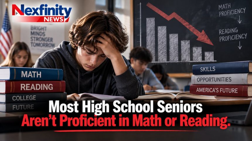 A high school student rests his head in his hand over an open book beside textbooks labeled Math, Reading, College and Future, with a chalkboard chart showing math and reading proficiency declining.