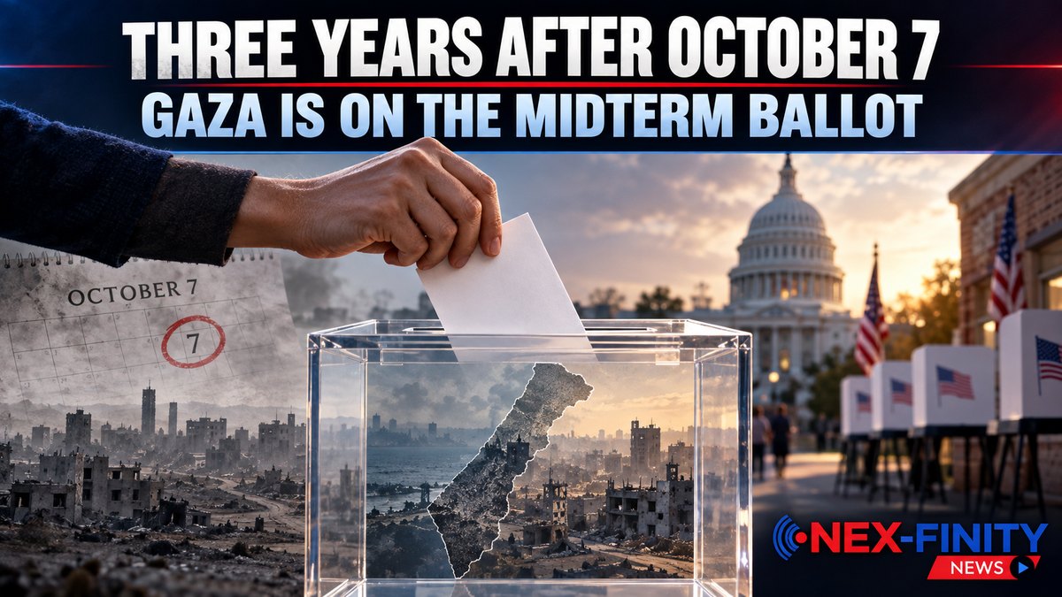 Three Years After October 7: Gaza Is on the Midterm Ballot Hand dropping a ballot into a clear ballot box containing an outline of the Gaza Strip, with destroyed buildings on the left and the U.S. Capitol and voting booths on the right.