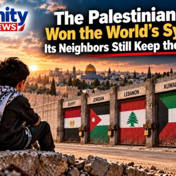 Illustration: a child in a keffiyeh sits on rubble beside a Palestinian flag, with Jerusalem's Old City and the Dome of the Rock behind, facing a row of padlocked gates painted with the flags of Egypt, Jordan, Lebanon, Kuwait and Saudi Arabia.
