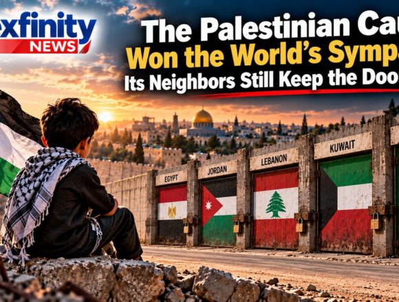 Illustration: a child in a keffiyeh sits on rubble beside a Palestinian flag, with Jerusalem's Old City and the Dome of the Rock behind, facing a row of padlocked gates painted with the flags of Egypt, Jordan, Lebanon, Kuwait and Saudi Arabia.