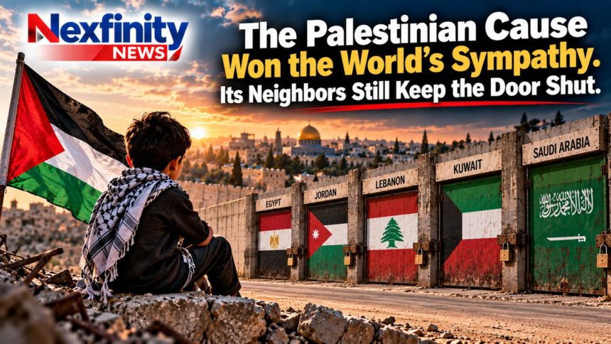 Illustration: a child in a keffiyeh sits on rubble beside a Palestinian flag, with Jerusalem's Old City and the Dome of the Rock behind, facing a row of padlocked gates painted with the flags of Egypt, Jordan, Lebanon, Kuwait and Saudi Arabia.