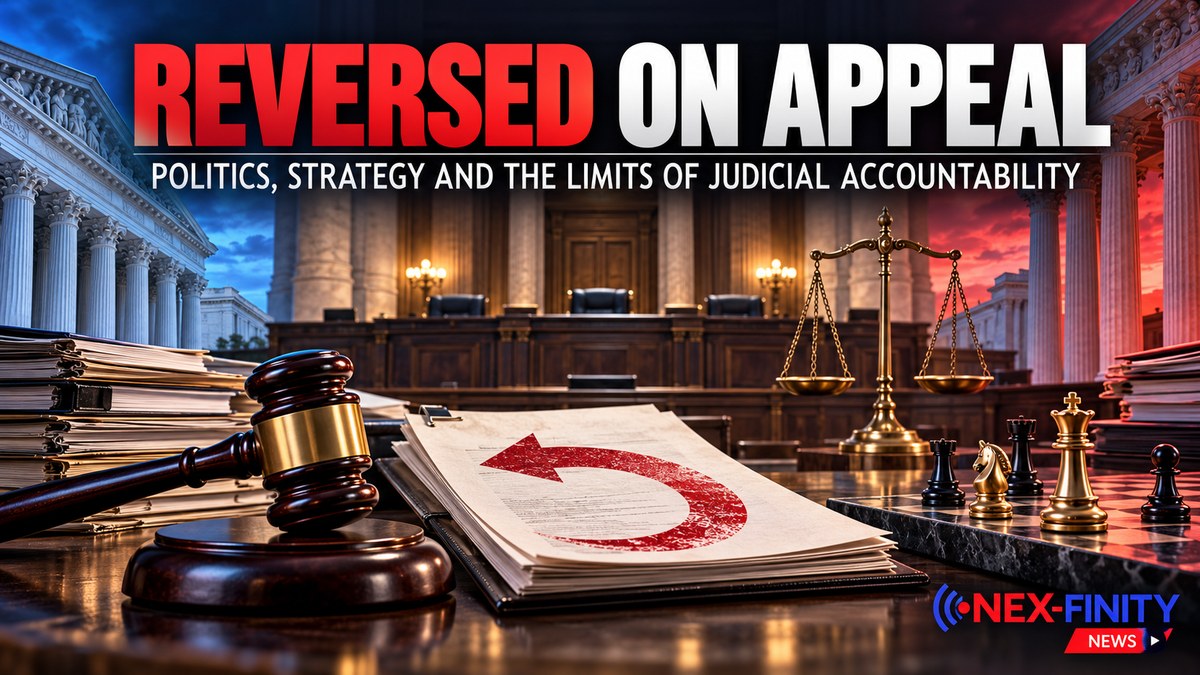 Headline graphic reading Reversed on Appeal over a courtroom scene with a gavel, a file stamped with a red reversal arrow, scales of justice and chess pieces.