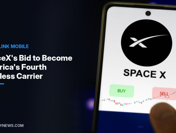 Starlink Mobile: SpaceX's Bid to Become America's Fourth Wireless Carrier Smartphone showing the SpaceX logo with buy and sell buttons, beside the headline SpaceX's Bid to Become America's Fourth Wireless Carrier