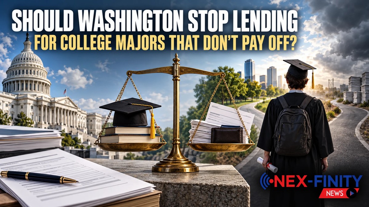 Should Washington Stop Lending for College Majors That Don't Pay Off? A New Federal Rule Already Does AI-generated illustration. The graduate, scale and setting are not real people or places.