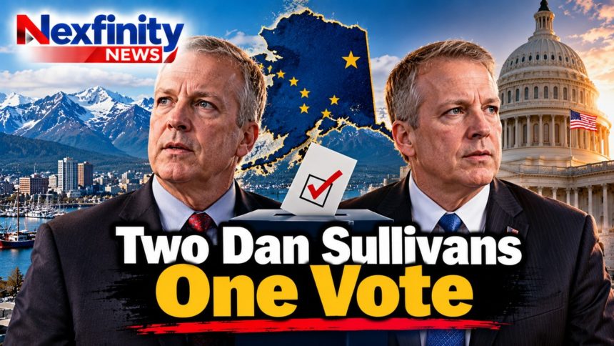 Two Dan Sullivans, One Ballot: Coincidence or Recruitment? AI-generated illustration: two men in suits on either side of a ballot box, with an Alaska map, mountains and the U.S. Capitol behind them, under the headline Two Dan Sullivans One Vote. Not photographs of the candidates.