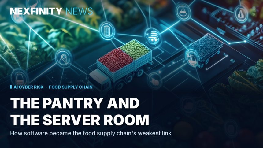 NexfinityNews hero image: an illustrated food-distribution network with trucks and connected-device icons, titled 'The Pantry and the Server Room', for an article on AI-era cyber risk to food supply chains.