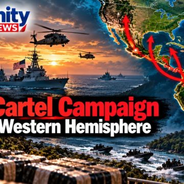 Illustration of a U.S. soldier, warship and helicopters at sunset beside a map of the Americas with red route arrows, under the headline U.S. Cartel Campaign in the Western Hemisphere