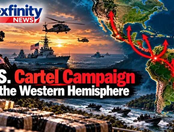 U.S. Cartel Campaign in the Western Hemisphere Illustration of a U.S. soldier, warship and helicopters at sunset beside a map of the Americas with red route arrows, under the headline U.S. Cartel Campaign in the Western Hemisphere