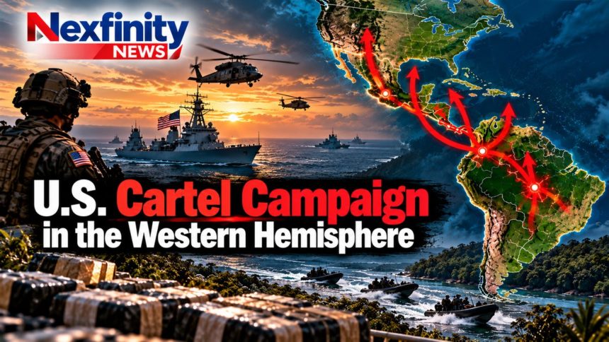 Illustration of a U.S. soldier, warship and helicopters at sunset beside a map of the Americas with red route arrows, under the headline U.S. Cartel Campaign in the Western Hemisphere