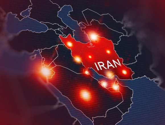 When Will We Learn? Iraq, Afghanistan and Iran Stylized map of the Middle East with Iran highlighted in red and glowing strike markers across Iran, Iraq, Israel and the Gulf states, illustrating the 2026 Iran war.